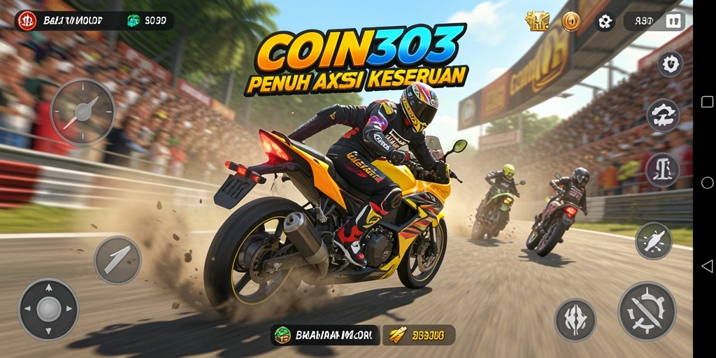 Gameplay seru COIN303 dengan balapan motor yang mendebarkan.