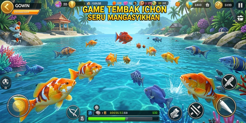 Screenshot gameplay GOWIN menampilkan aksi menembak ikan yang seru.