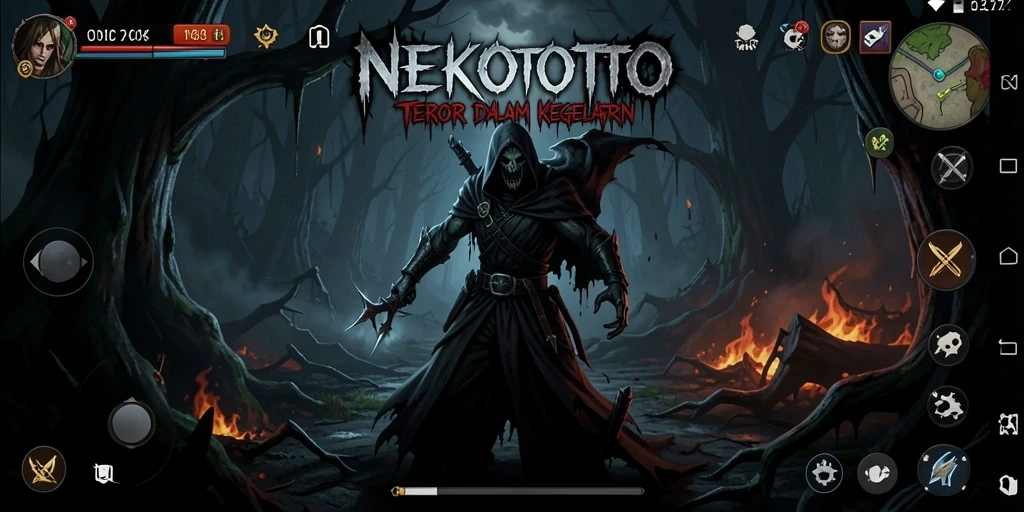 Tangkapan layar menampilkan suasana kegelapan dan teror dalam gameplay NEKOTOTO.