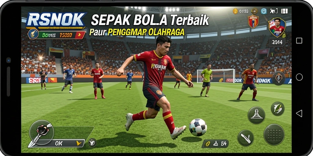 Tangkapan layar gameplay RSNOK dengan aksi sepak bola yang mendebarkan.
