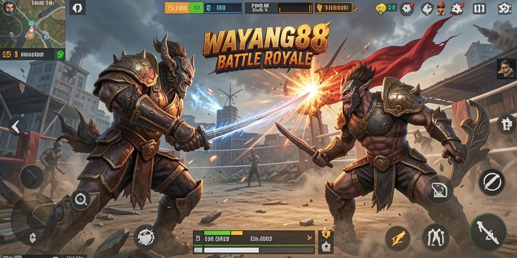 Screenshot utama WAYANG88 menunjukkan pertempuran seru di arena Battle Royale.