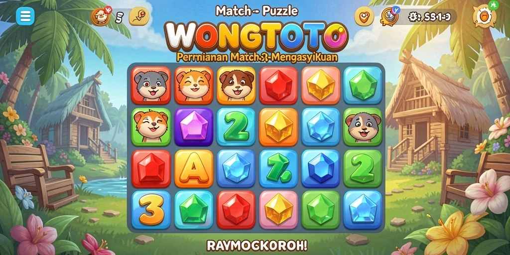 Tangkapan layar WONGTOTO menunjukkan gameplay Match-3 yang seru dan menantang.